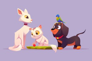 Dibujo de varios tipos de mascotas juntas: dos gatos, perro y pájaro