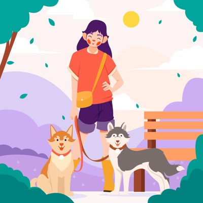 Mujer paseando a dos perros en el parque