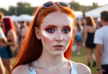 Primer plano de chica maquillada con purpurina en un festival