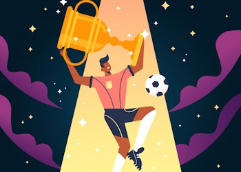 Jugador de futbol manteniendo copa con los brazos en alto