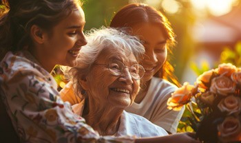 Abuela junto a sus dos nietas con un ramo de flores