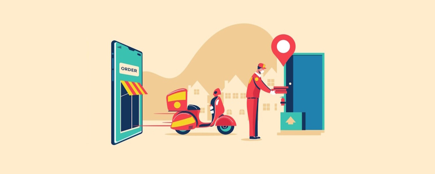Ilustración de un motorista que entrega un pedido
