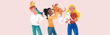 Ilustración de tres chicas con sus mascotas
