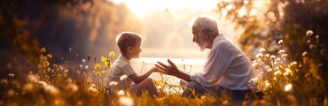 Un abuelo con su nieto en el medio de la naturaleza charlando