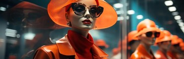Maniquí de mujer con vestido y accesorios naranjas