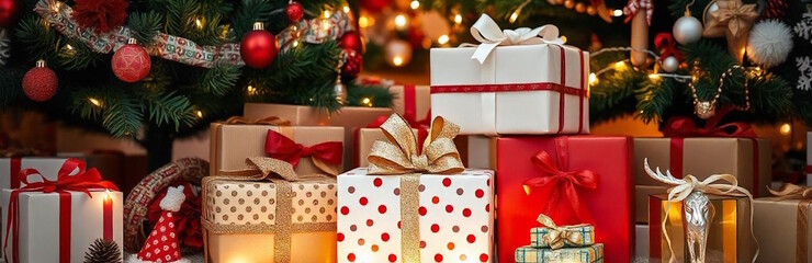 presents in holiday wrapping paper under the christmas tree