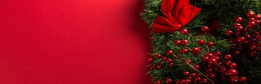Ein weihnachtlich geschmückter Kranz mit Johannisbeeren und Schleife