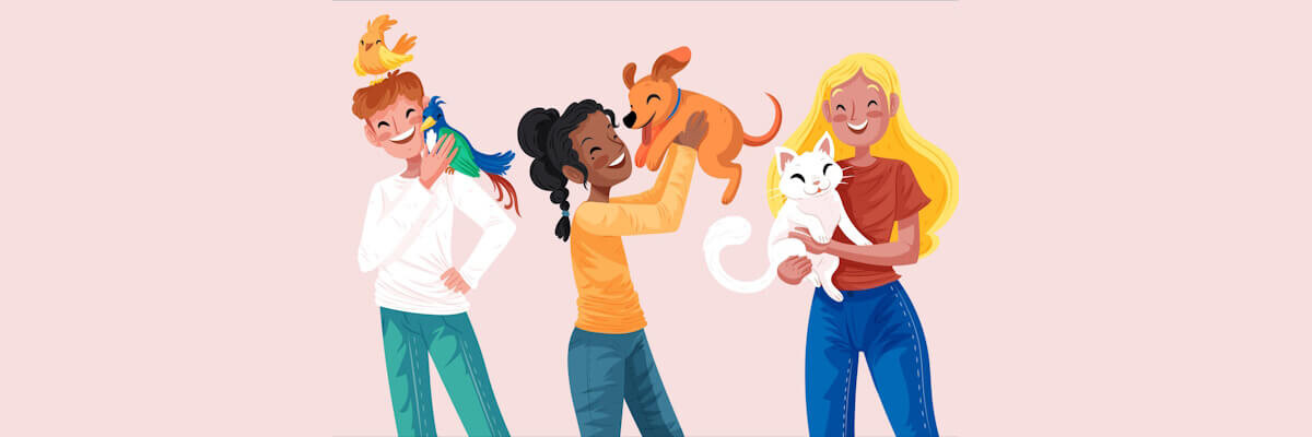 Ilustración de tres chicas con sus mascotas