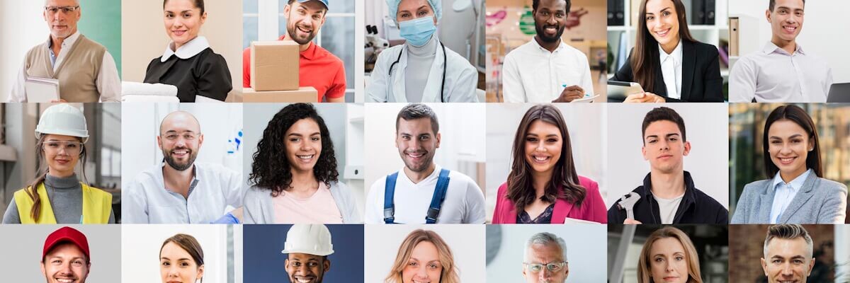 Collage de retratos de hombres y mujeres con diferentes profesiones