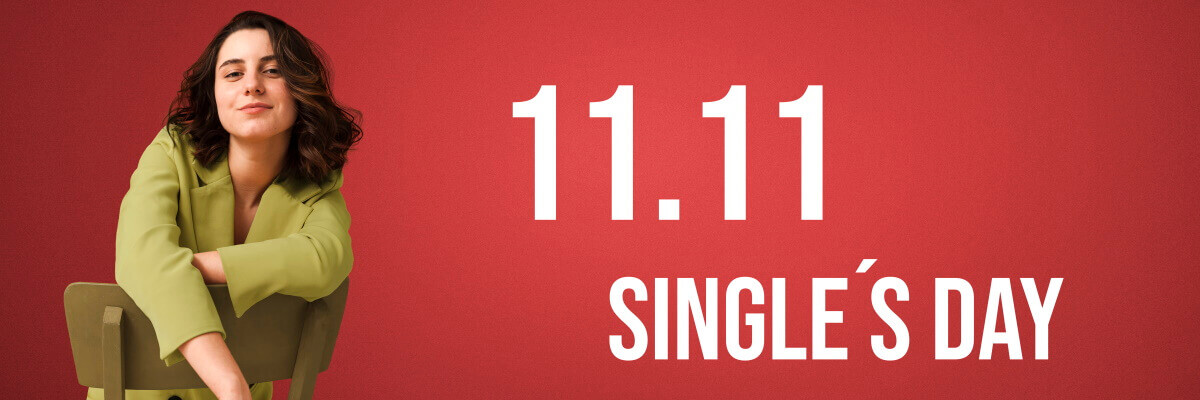 Chica sentada sobre una silla con fondo rojo y escrito 11.11 Single's Day