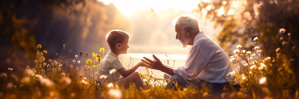 Un abuelo con su nieto en el medio de la naturaleza charlando