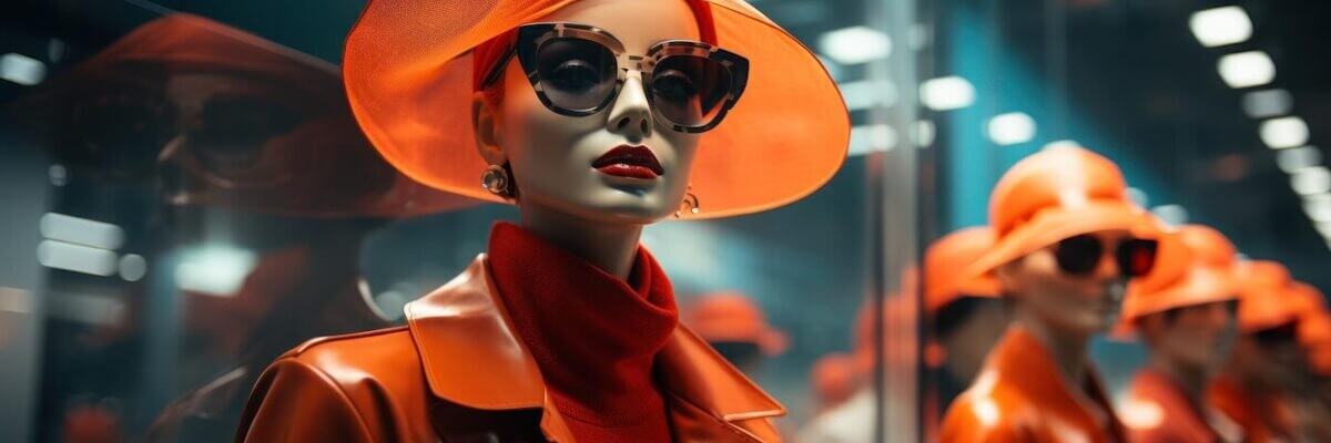 Maniquí de mujer con vestido y accesorios naranjas