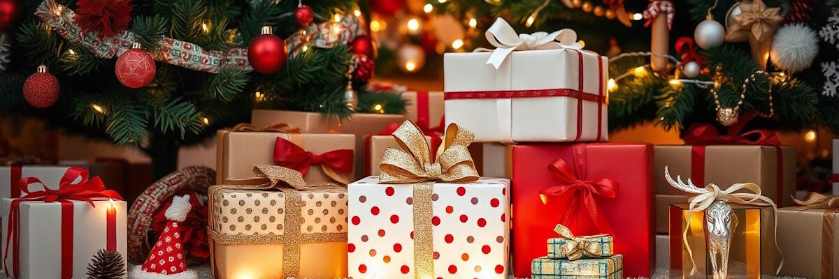 presents in holiday wrapping paper under the christmas tree