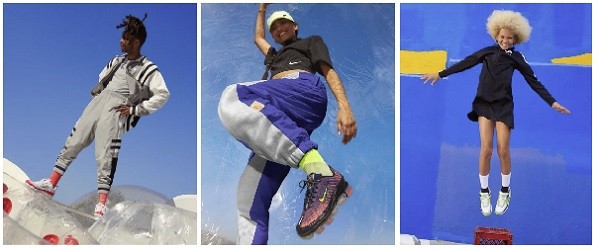 Trois photos avec trois garçons vus d'en bas portant des vêtements Nike