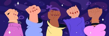 Ilustración de 5 puños de mujeres alzados al cielo