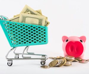 Carrito de la compra en miniatura con dinero, hucha de cerdito al lado y monedas.