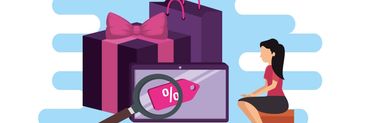 Ilustración de una chica sentada que mira con lupa los precios de regalos