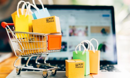 Computador com Carrinho de Compras e Sacolas 