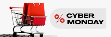 Banner com os dizeres "Cyber Monday" e um carrinho de compras com duas sacolas vermelhas dentro dele.