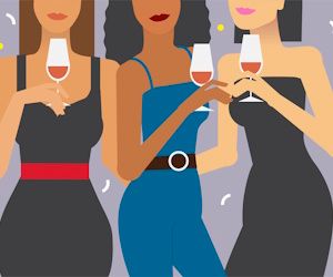 Ilustración de tres chicas vestidas de fiesta sosteniendo una copa de vino cada una
