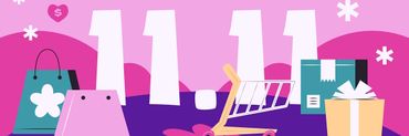 número 11.11 en grande rodeado de regalos, carrito de compras y bolsas de la compra