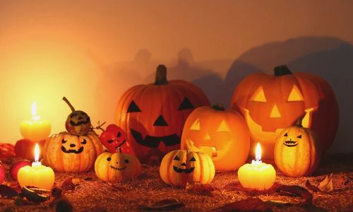 Diversas abóboras de Halloween de tamanhos diferentes