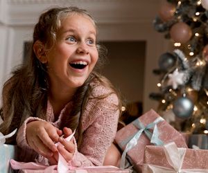 niña emocionada rodeada de regalos, arbol y luces de navidad