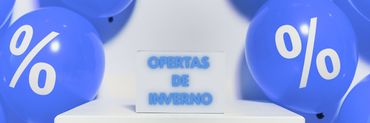 Banner com as palavras "Ofertas de Inverno" centralizadas e dois balões azuis em cada ponta do banner.