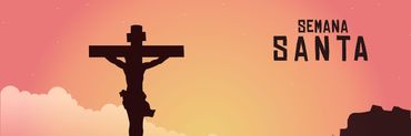 Atardecer con nubes, Jesús crucificado en la cruz, el escrito Semana Santa y una sombra de una casa