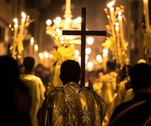 Procesión de personas cargando una cruz con luces de fondo