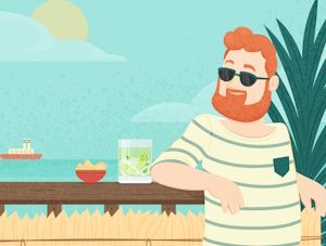 Chico pelirrojo tomando algo solo en la playa