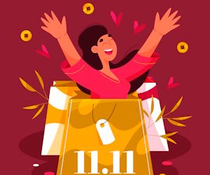 Compra y ahora en las mejores marcas durante este Día del Soltero mujer sonriendo con brazos levantados rodeada de corazones y el 11.11