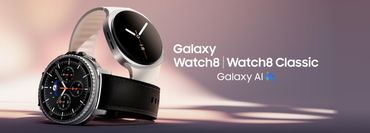 black Galaxy Watch8 Classic laying on its side with a white Galaxy8 watch upright with text to the right 